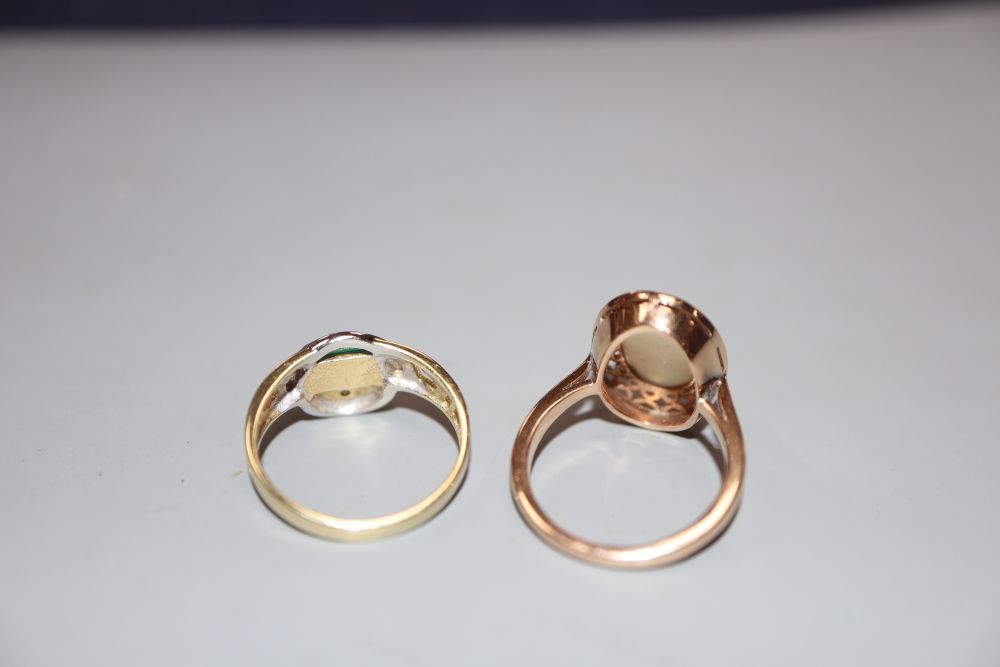 A 14k and white opal oval dress ring and a 585 diamond and chalcedony? set modern ring, sizes M/N, gross 7.2 grams.